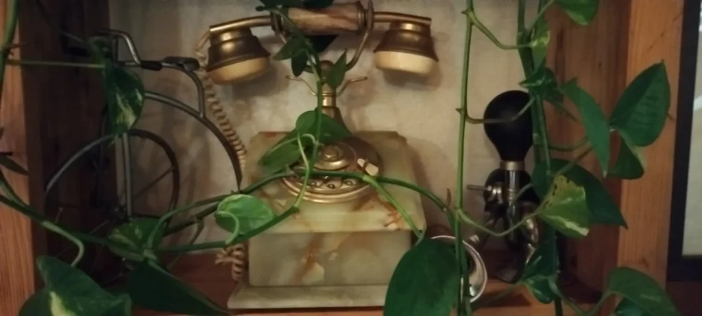 a old telephone on a wood shelf